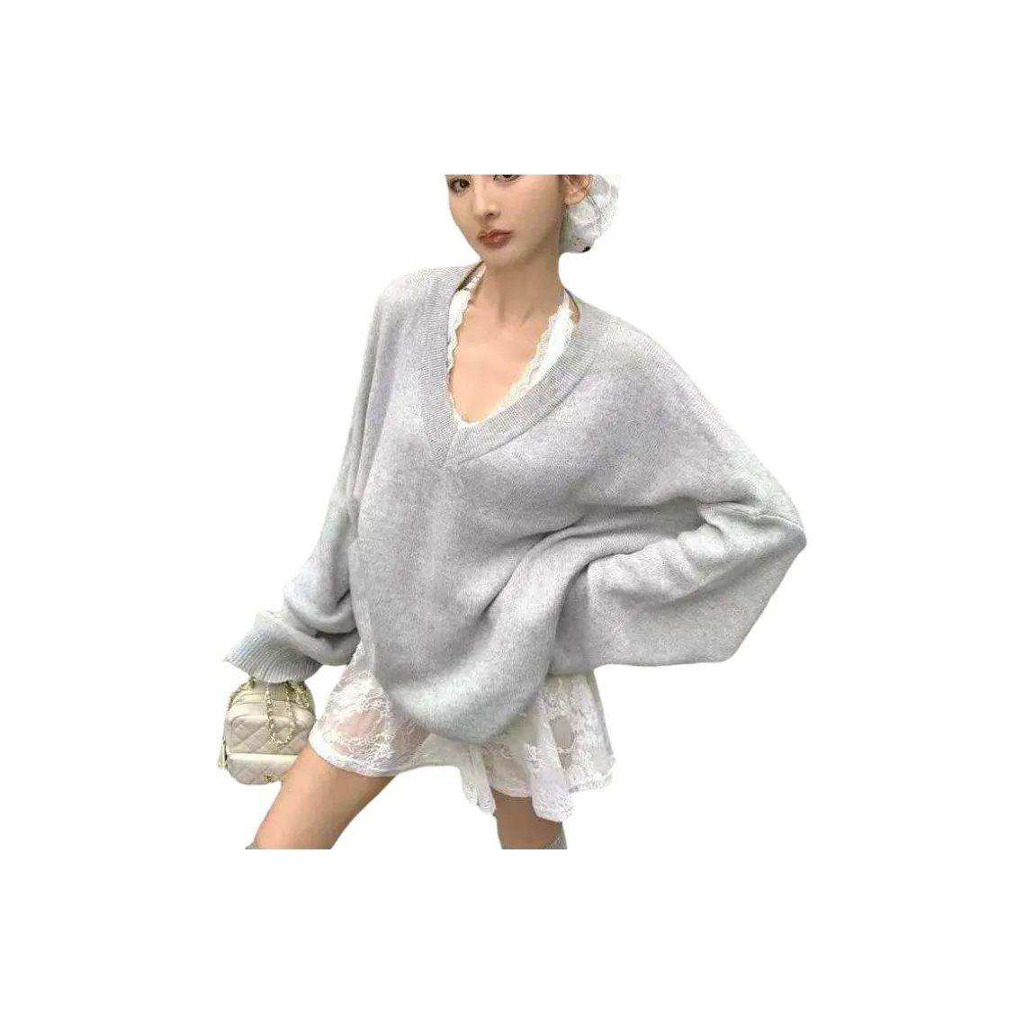 DEDY Серый Свитер + Кружевной Халтер Платье Женские Комплекты с Юбкой