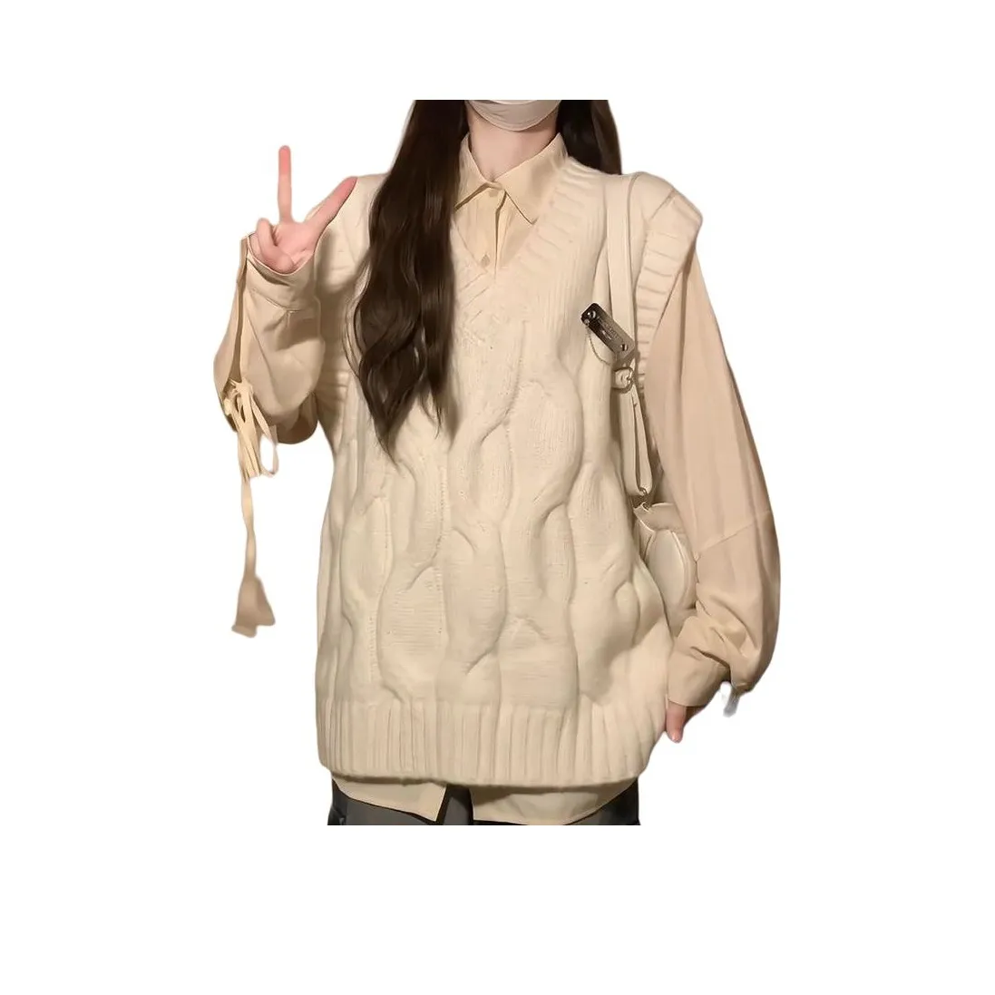 HAPG Белый Свитер Жилет + Абрикос Кружево Вверх Рубашка Женская Трикотаж