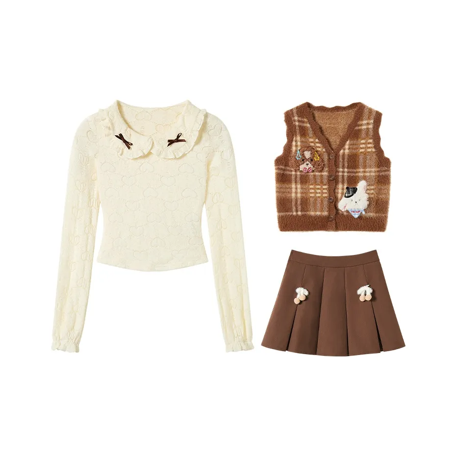 FABRIC PIG Абрикос Базовый слой + Свитер Майка + Короткая юбка С подарками Маленький украшение Pompom Женские Комплекты с юбкой