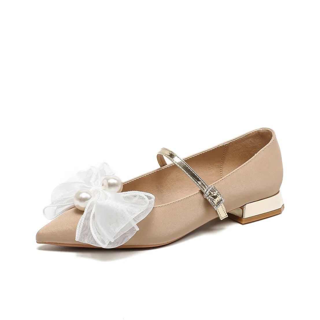 Lanza Французский Жемчужный бантик Обувь без подкладки Заостренный носок Ремешок на щиколотке Обувь Грубый каблук Туфли Мэри Джейн 2cm Женские