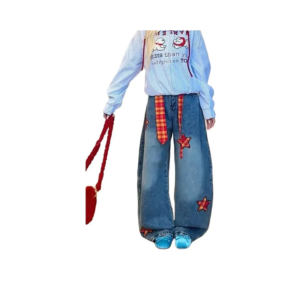 RUXU Винтажные синие штаны + шнурок Женские джинсы