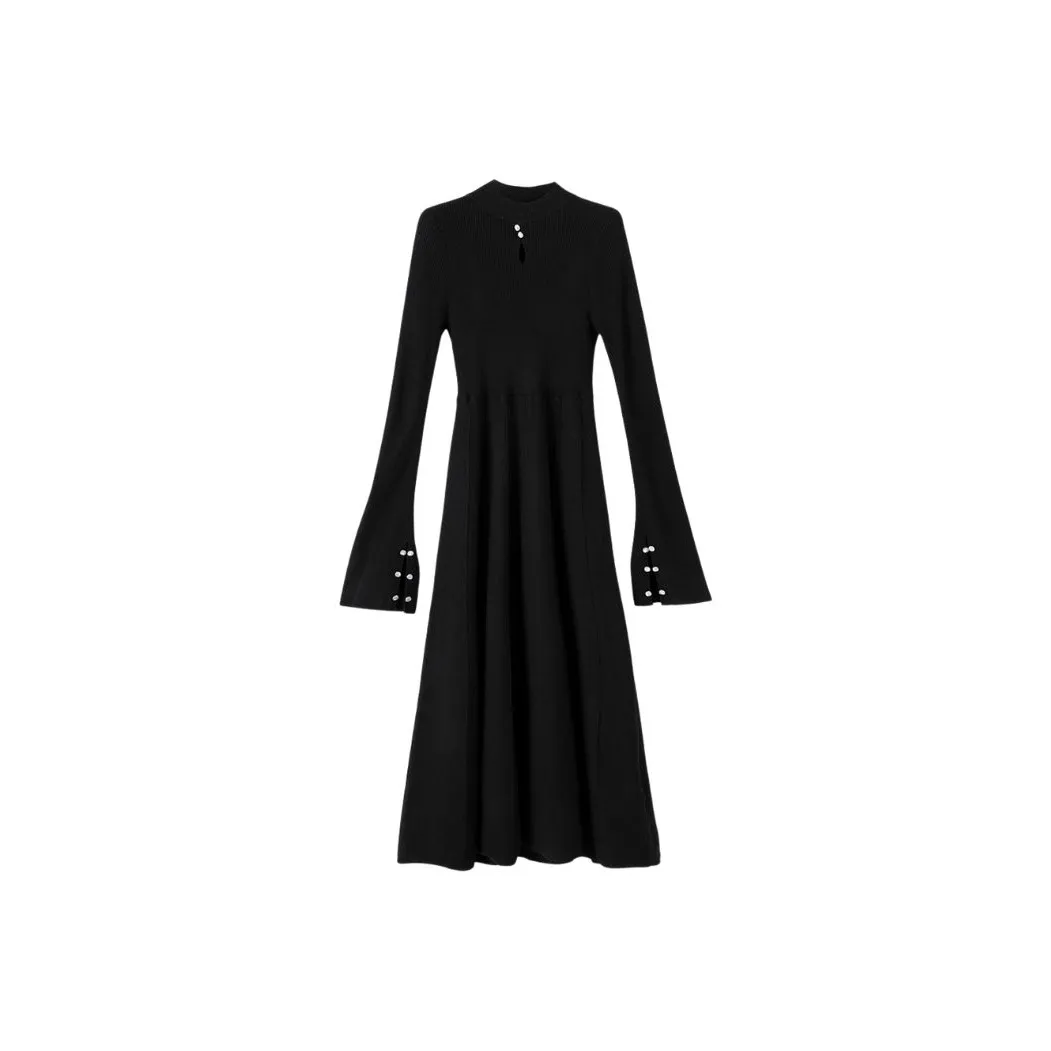 WANBAI Черное Женское Длинное Платье с Длинными Рукавами