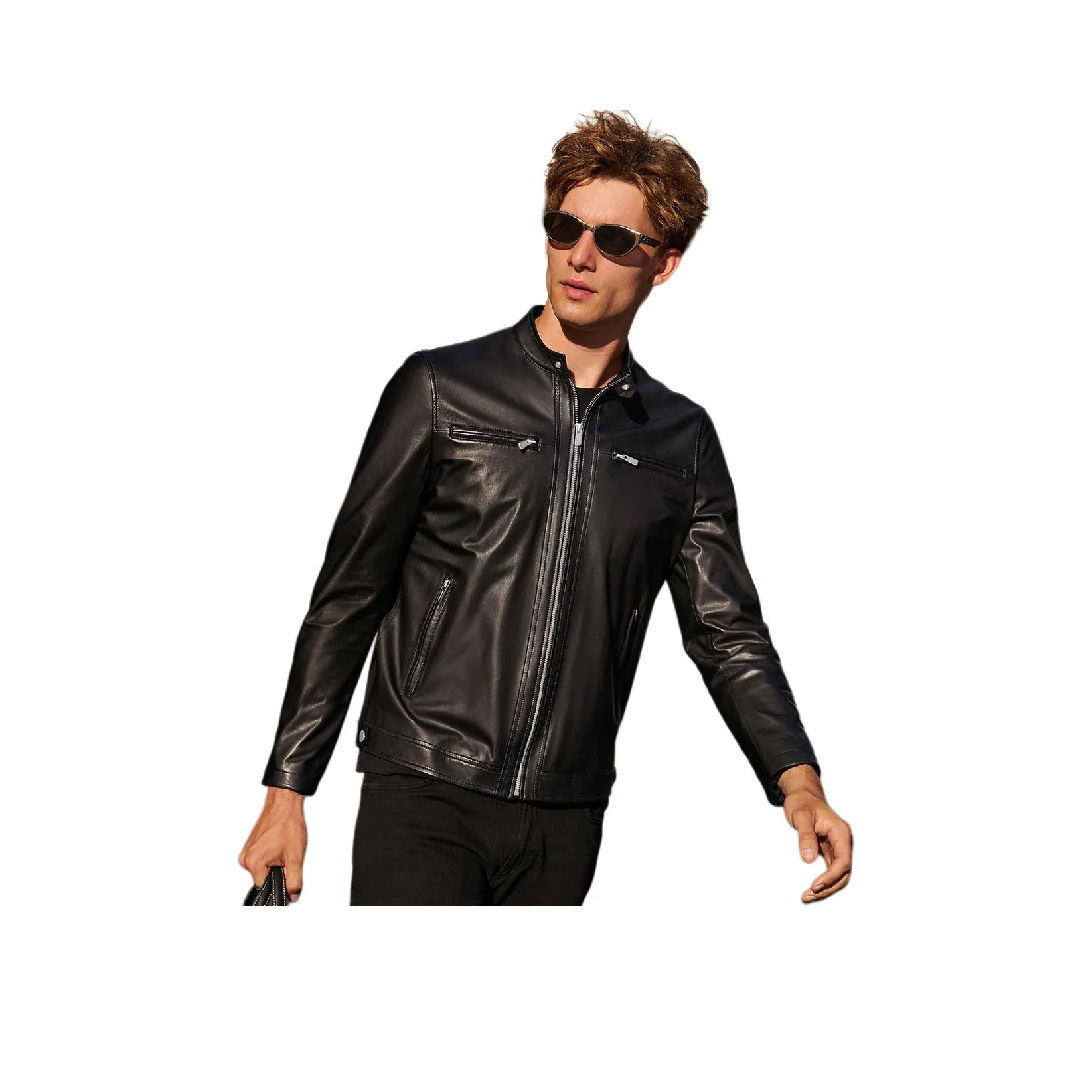 Mr.Bu Черный цвет рояля Мужская кожаная куртка