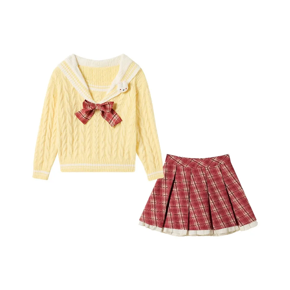 FABRIC PIG Желтый Свитер + Красная Короткая Юбка + С подарками Free Rabbit Булавка + Бант Женские Комплекты с Юбкой