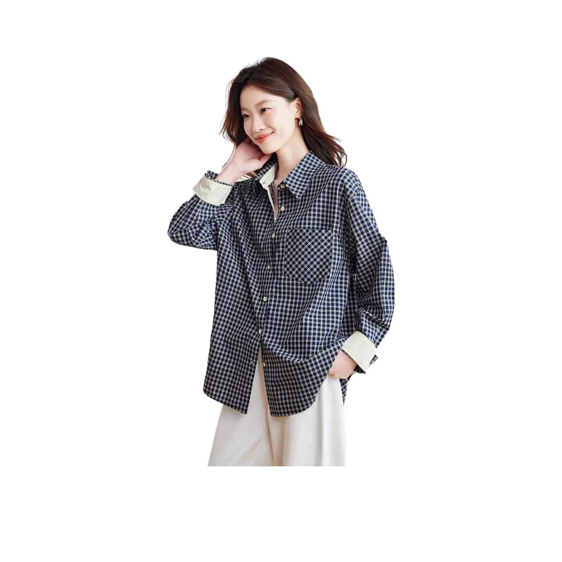 LANGQING Темно-синий зеленый клетка бесплатно LANGQING бренд Velcro женские рубашки