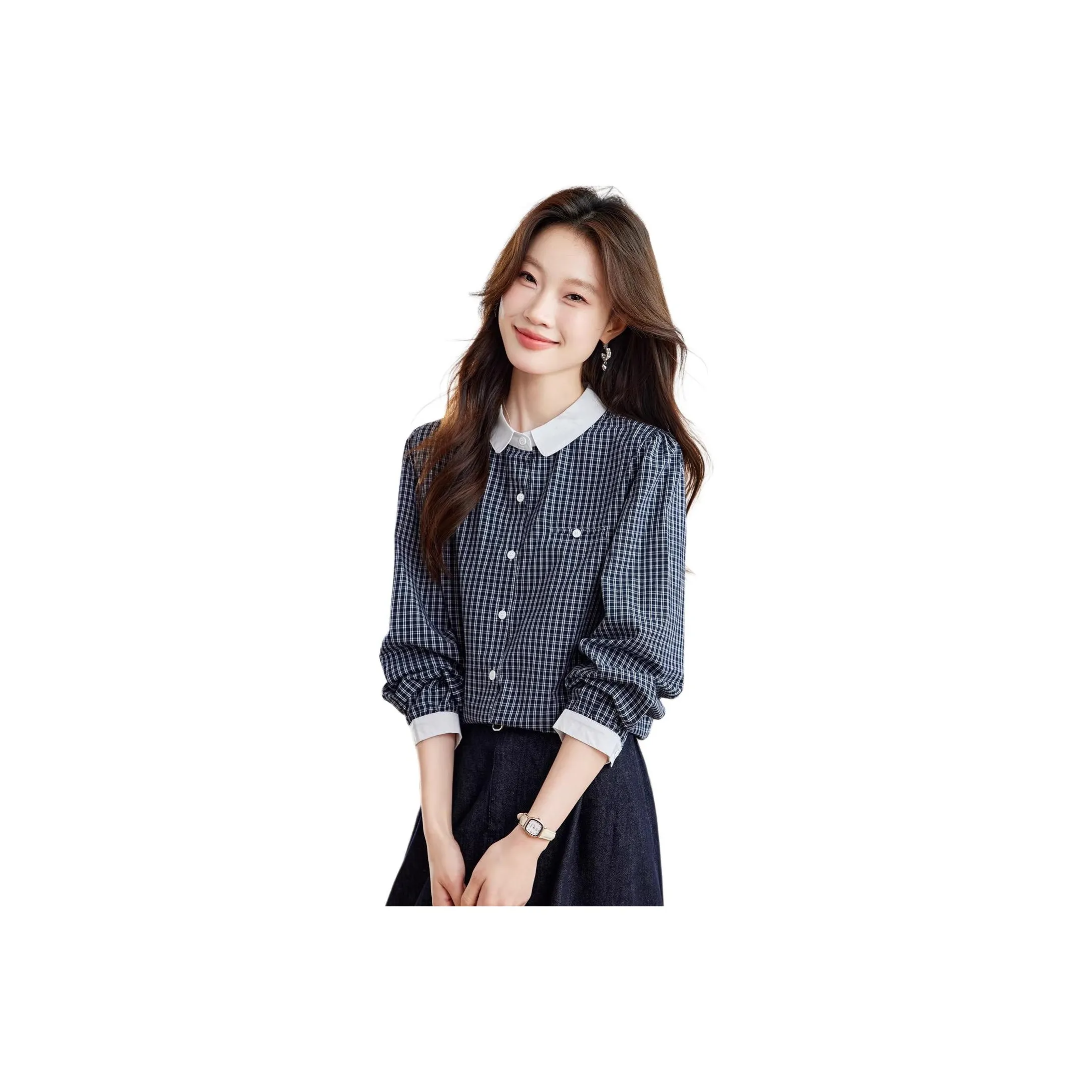 LANGQING Синяя клетка с бесплатной чисткой щетка женские рубашки