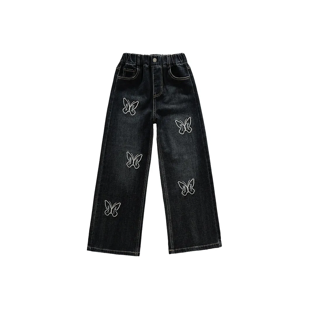 RHOBESAM Tao GU Детская одежда 6249 Передняя часть Темный цвет Бабочка Широкие брюки Синий Серый Kids Джинсы
