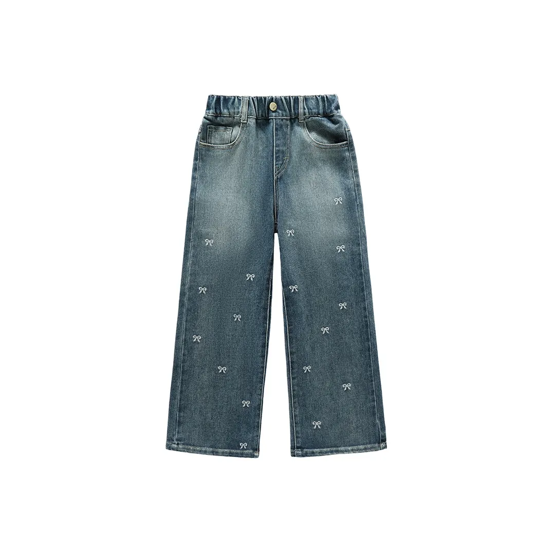 RHOBESAM Tao GU Детская одежда CK002 Передняя часть Full Вышивка Маленький Галстуки-бабочки Широкие брюки 3 Синий Kids Джинсы