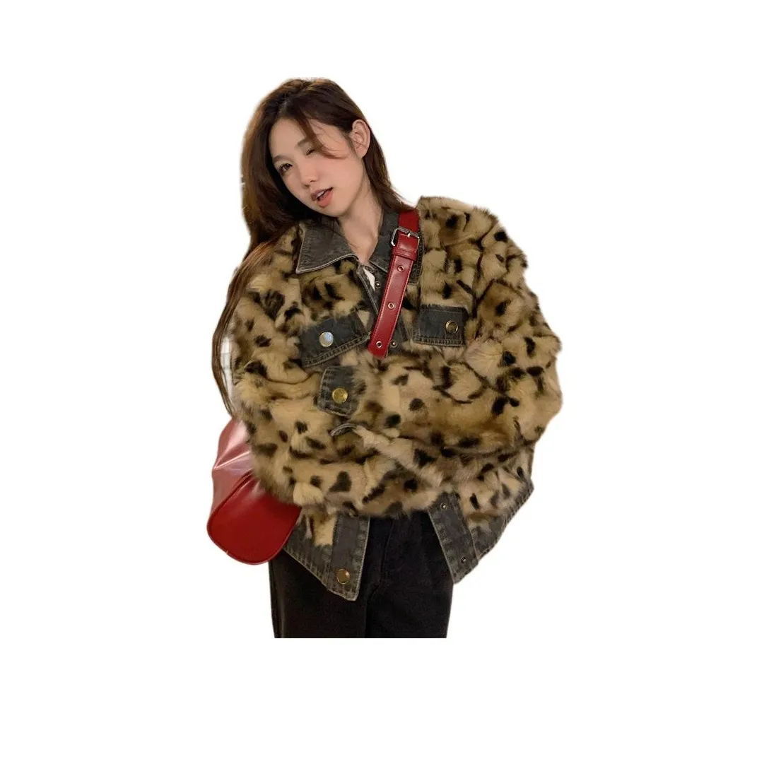 PZHK Леопардовый принт Женские Джинсовые куртки