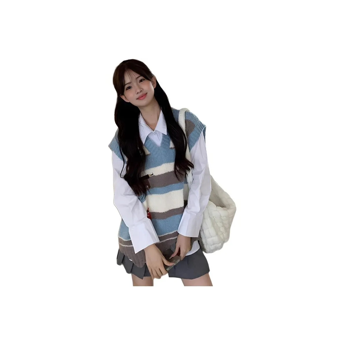 PZHK Синий Жилет + Длинный рукав Рубашка Женская Повседневная Одежда