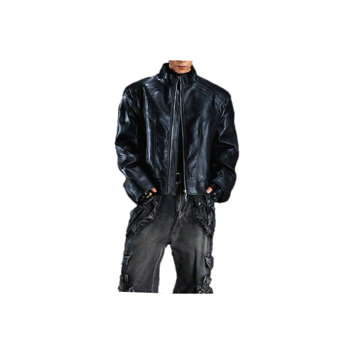 ZHIO Черный Модный Avant Garde Стиль Позиционирование Унисекс Кожаные куртки