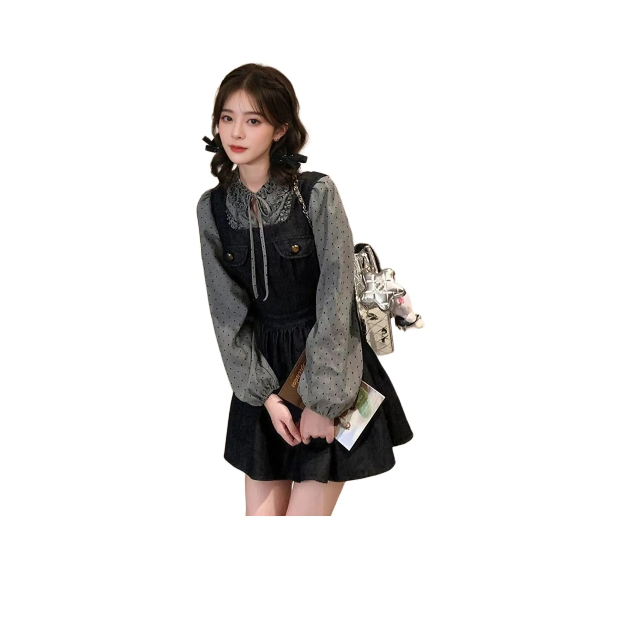 PZHK Серый Гороховый узор Рубашка + Синяя Юбка из денима с подтяжками Женские Комплекты с Юбкой