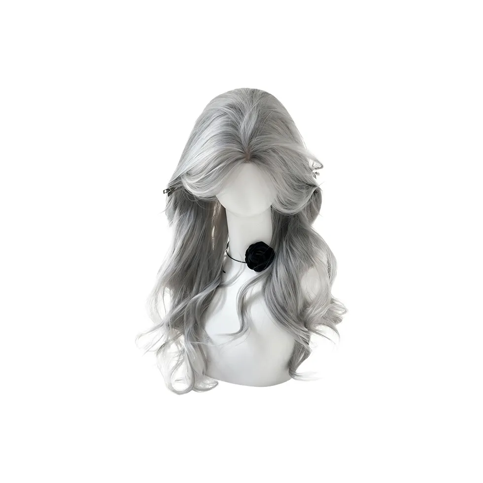 Northward Incline Серебристо-серый CENTER Часть Боковая сторона Bang Длинный Wave Hair Женская Перука Высокая Температура Пряжа