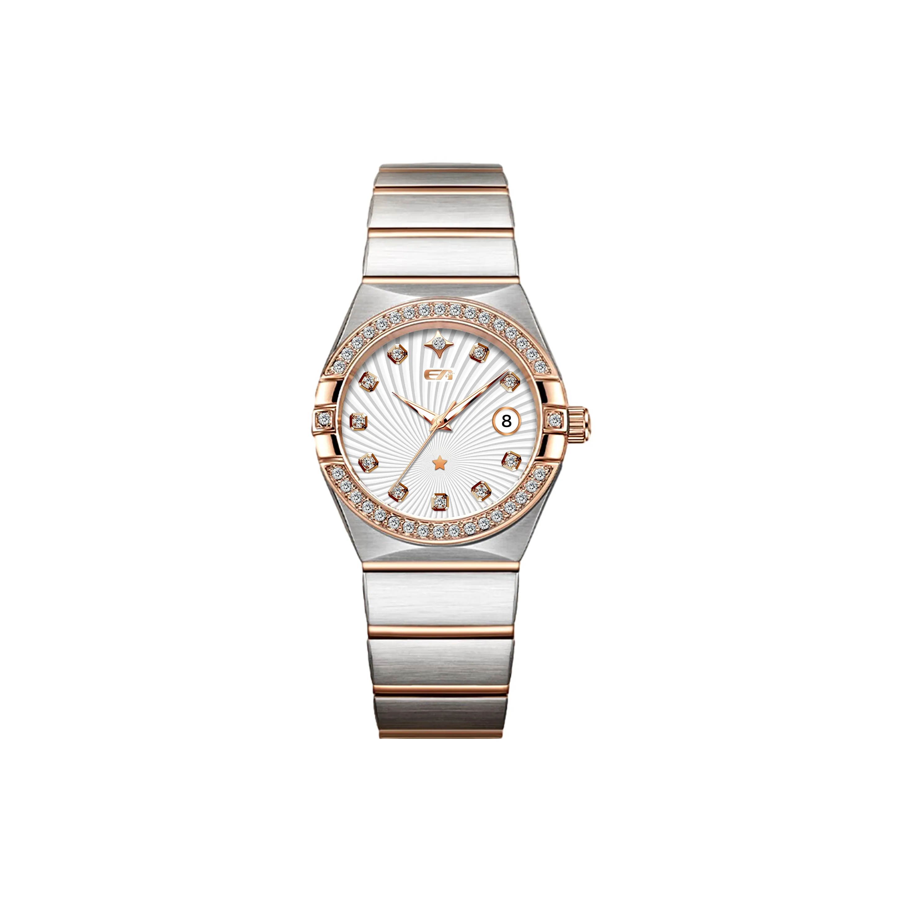 EA Butterfly Clasp Elegance Watch Кварцевый механизм Стальной ремешок Часы Женские Белый циферблат