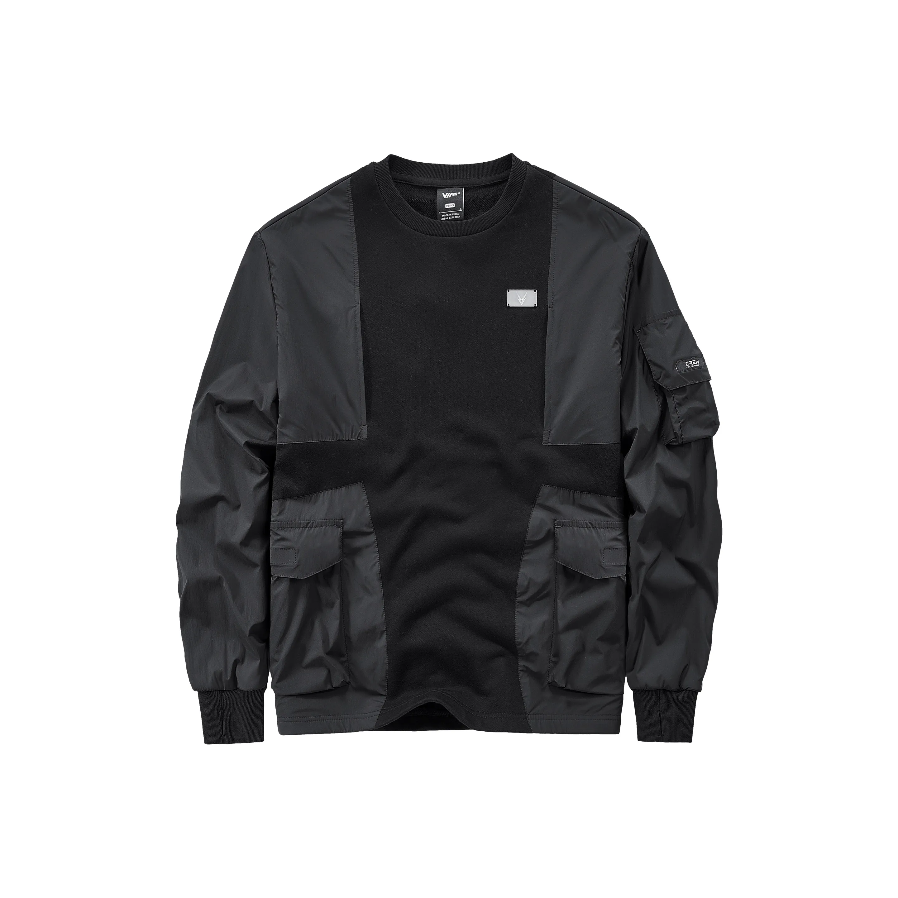 VIP MULTI Карман Пэчворк Дизайн Длинный рукав Свитшот с круглым вырезом Унисекс Черный