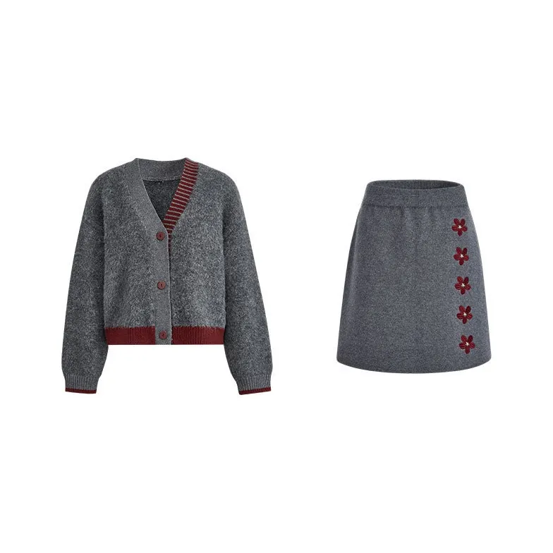 KUOSE Серый Свитер 0027 + Серая Юбка 0012 Женские Повседневные Костюмы