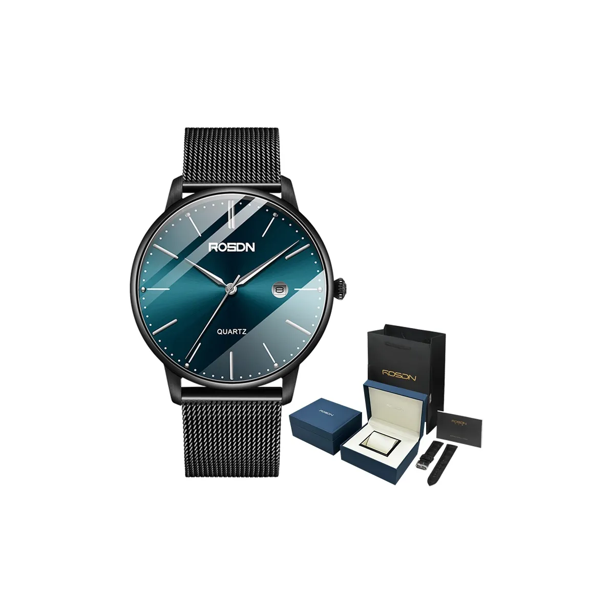 ROSDN Aurora Кварцевый механизм ремешок из нержавеющей стали мужские часы зеленый циферблат