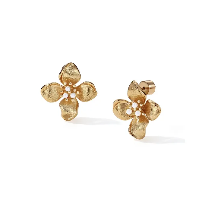 Retro Chic Brass Gold Plated Инкрустированный Shell Pearl Четыре Листья Клевер Серьги Женские