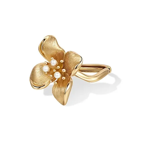 Retro Chic Brass Gold Plated Инкрустированный Shell Pearl Кольцо с цветком из четырех лепестков Женские