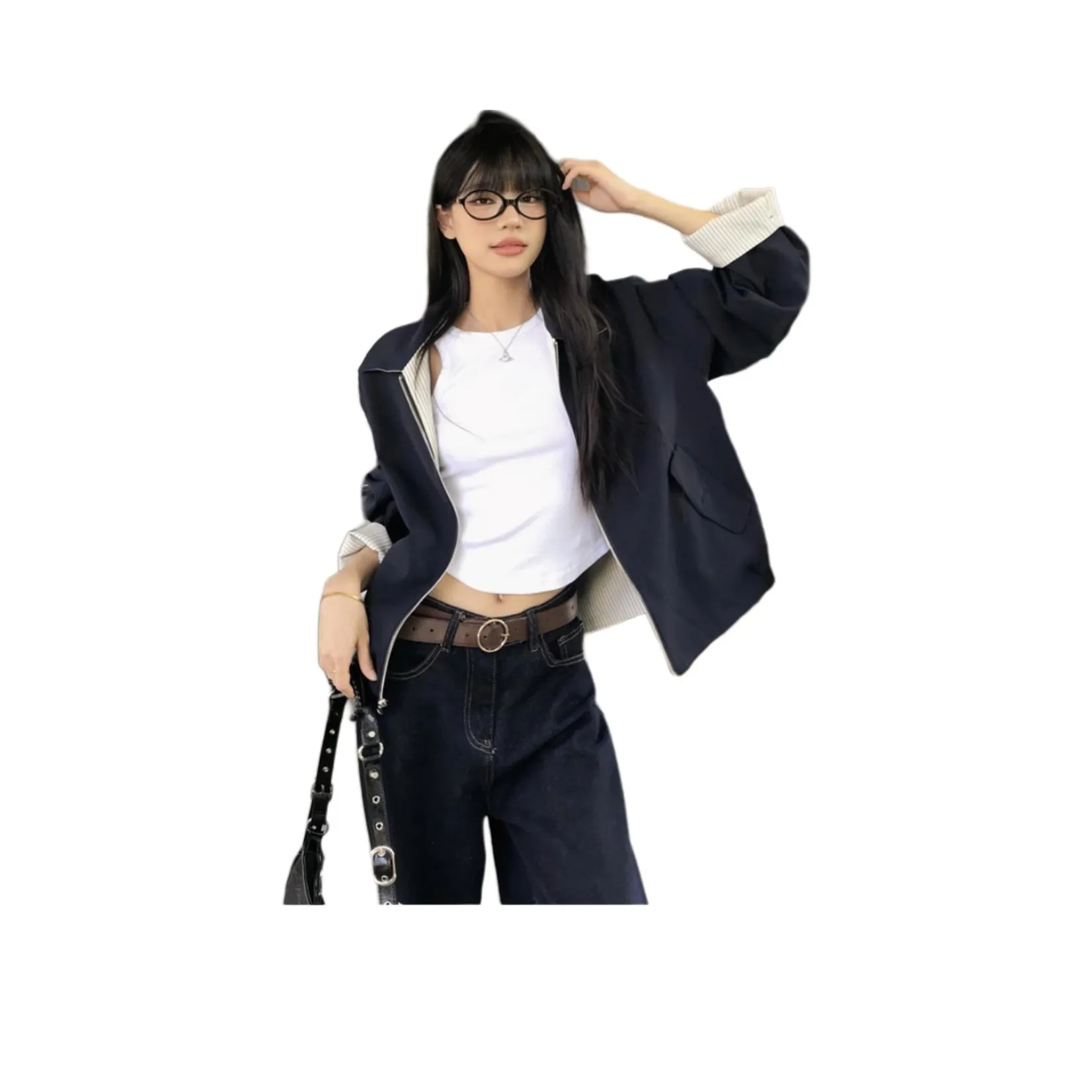 YOUSEKOO Синий Двойной Сided Полосы Двусторонний Обе Стороны Женские Куртки