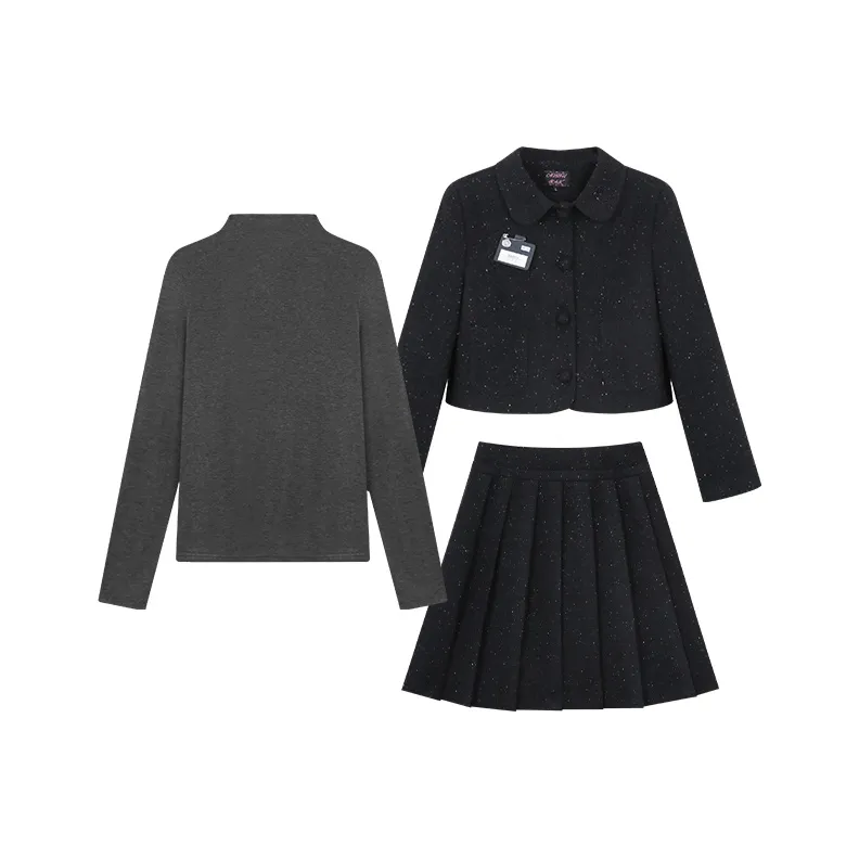 Темно-синий пальто + темно-синяя юбка + серый базовый слой включает значок. Женские комплекты с юбкой