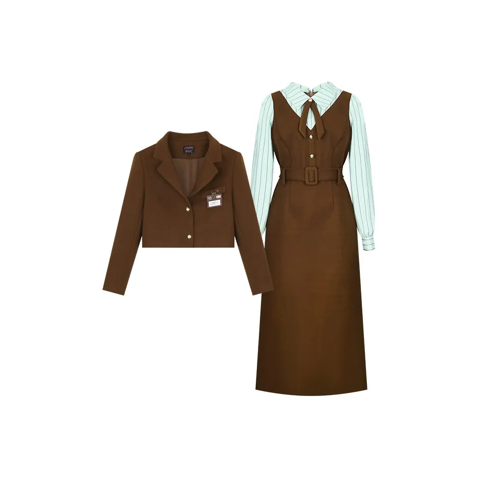 Кофе Пальто + Платье с ремнем Wa ID Женские Комплекты с юбкой