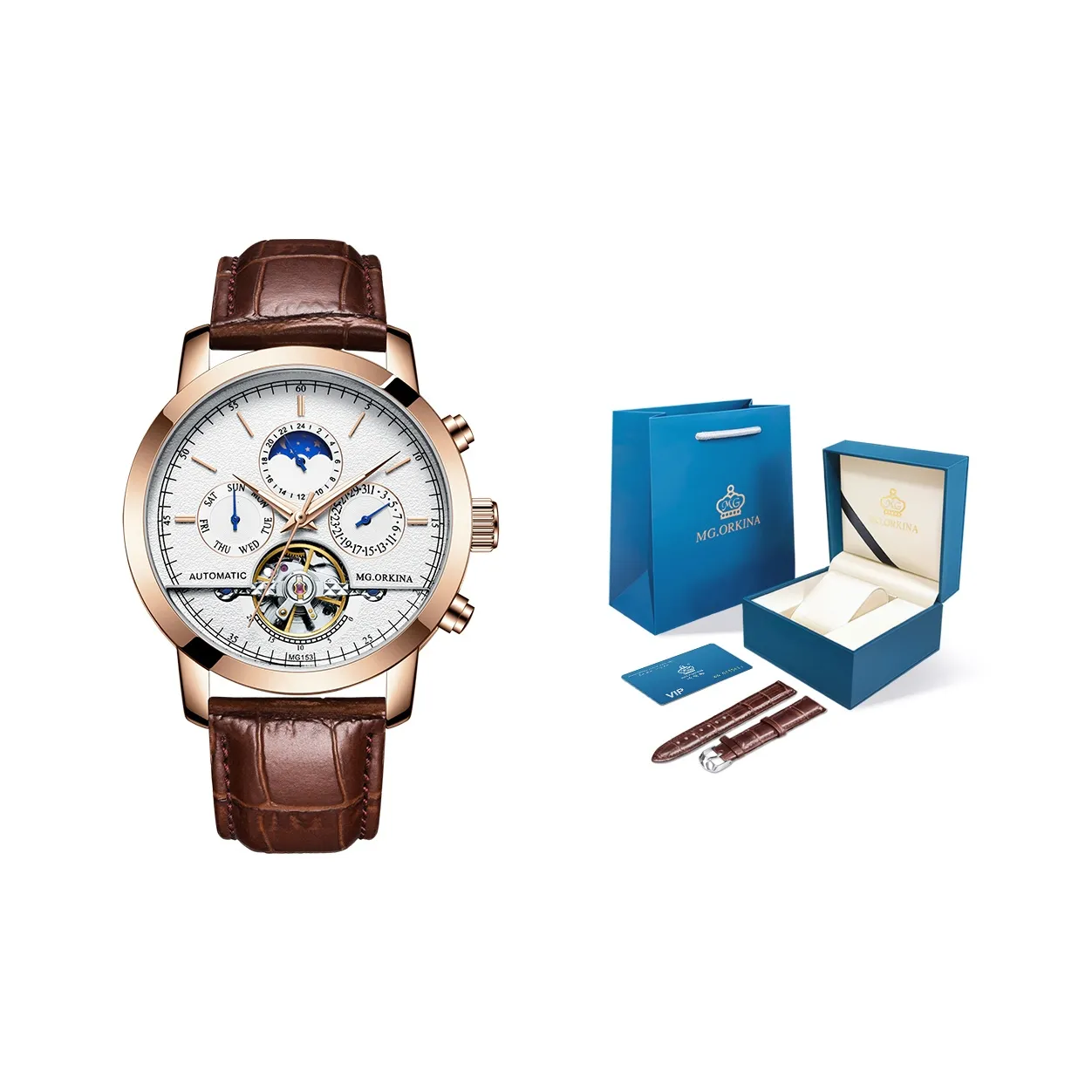 MG.ORKINA MG Автоматический Механический Механизм Кожаный Ремешок Часы Мужские Белый Циферблат