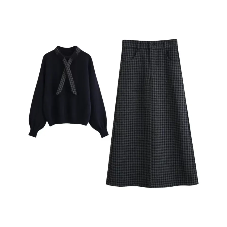 DANCANG Темно-синий свитер + юбка женский комплект с юбкой