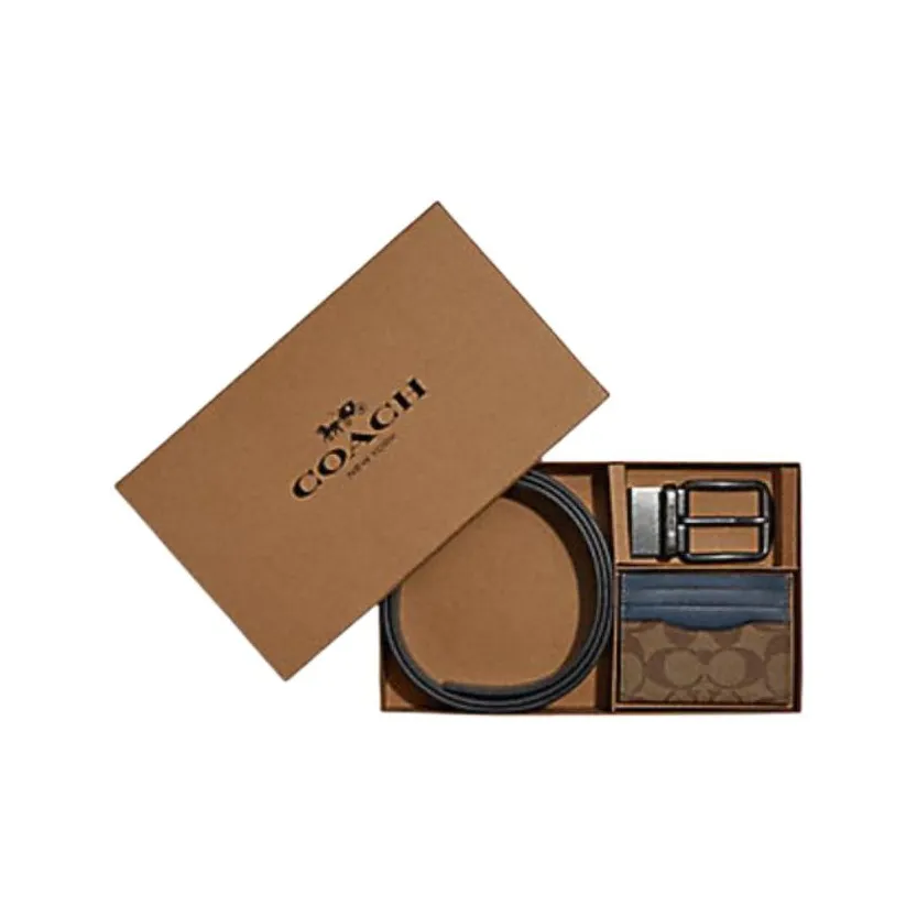 COACH Boxed Покрытый холст с утонченной телячьей кожей держатель для карт мужской бронза хаки деним