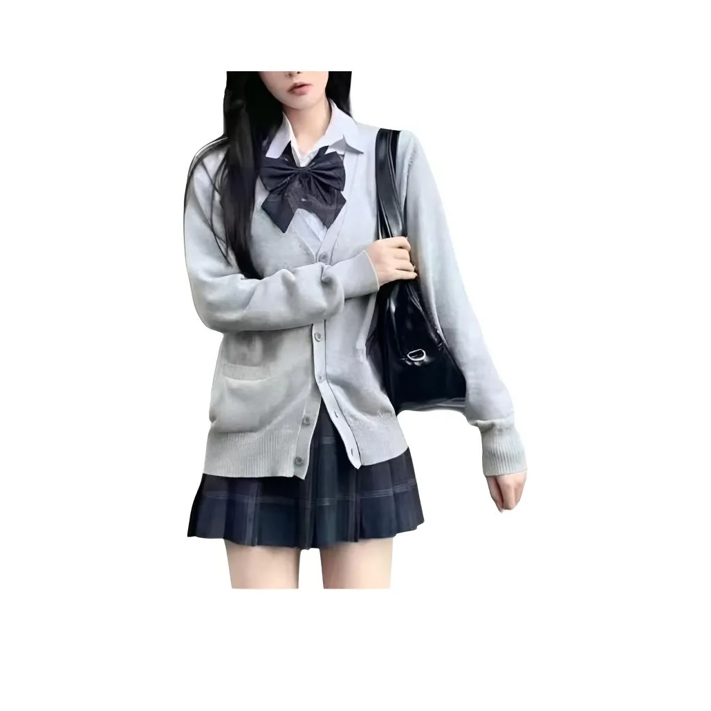 YOUSEKOO Светло-серый кардиган + Белая рубашка + Угольно-серый Check юбка Женские комплекты с юбкой