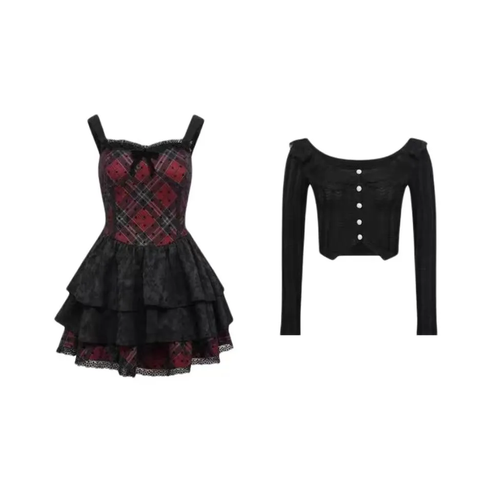 DANCANG Красный Черный Клетка Женские Комплекты с Юбкой