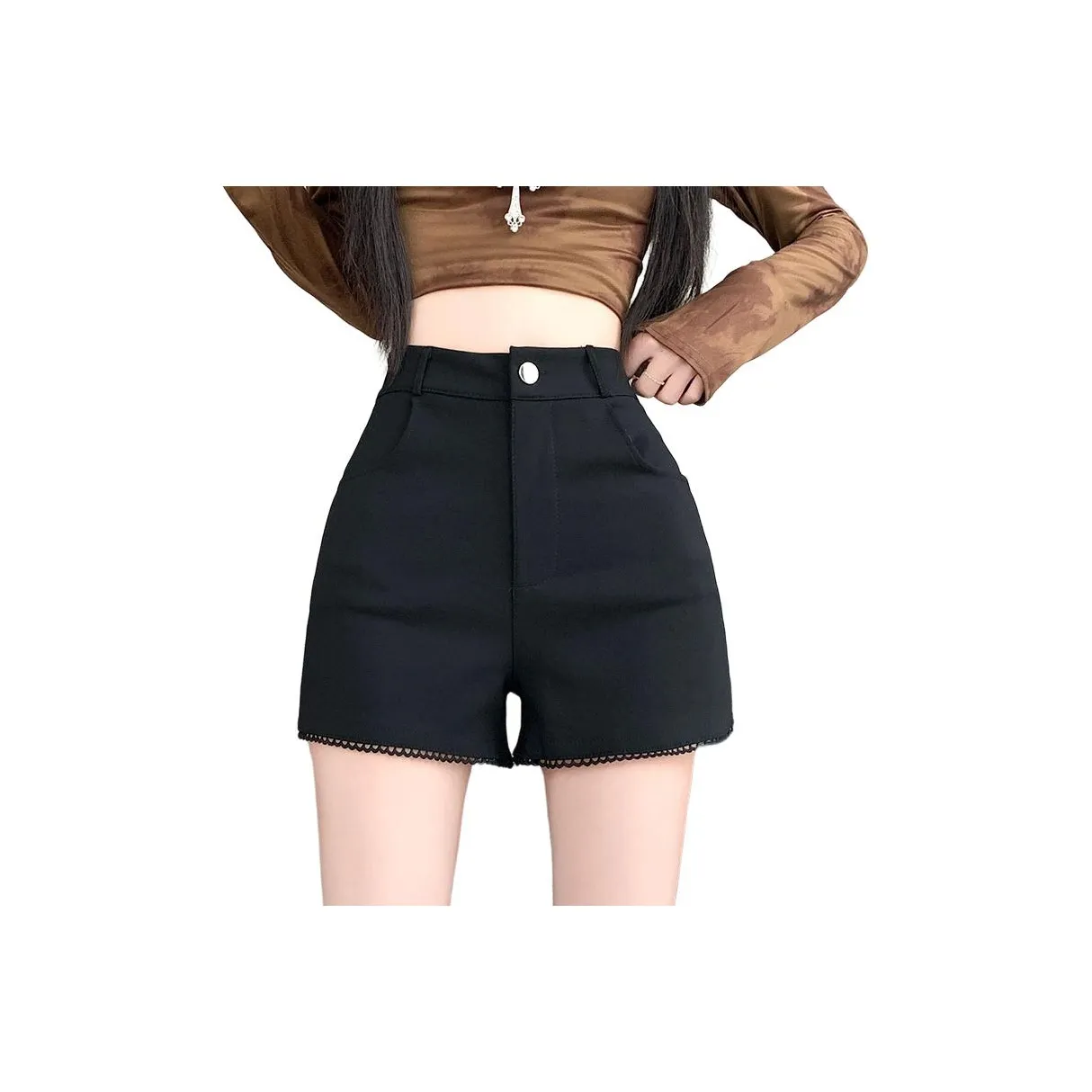 SNZX Черные Шорты с Кружевными Деталями Линия Женские Повседневные