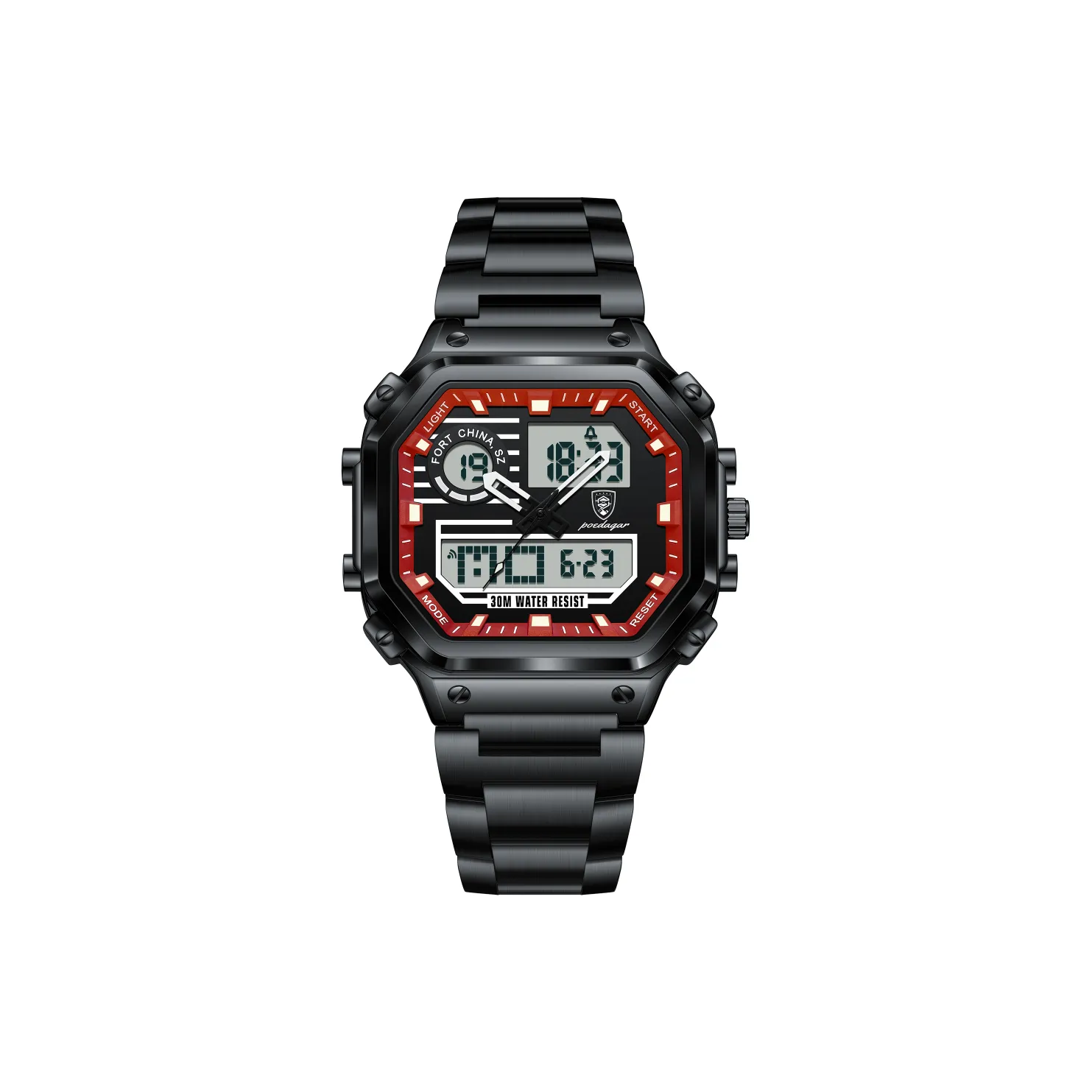 POEDAGAR Электронный Механизм Нержавеющая Сталь Ремешок Часы Мужские Черный Циферблат