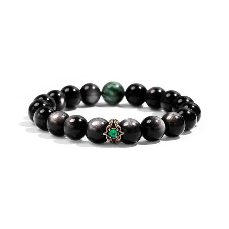 Горячее настоящее серебро здание Серебряный SHEEN Обсидиан Зеленый Дракон Кристальный Браслеты Мужской
