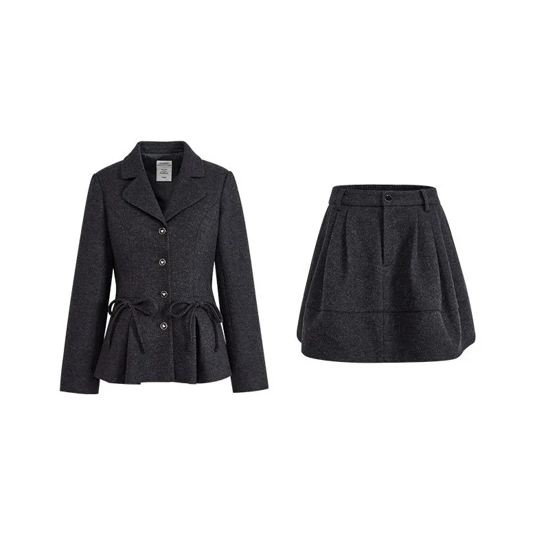 KUOSE Черное Серое Шерстяное Пальто 0009 + Черное Серое Юбка 10009 Женские Повседневные Костюмы
