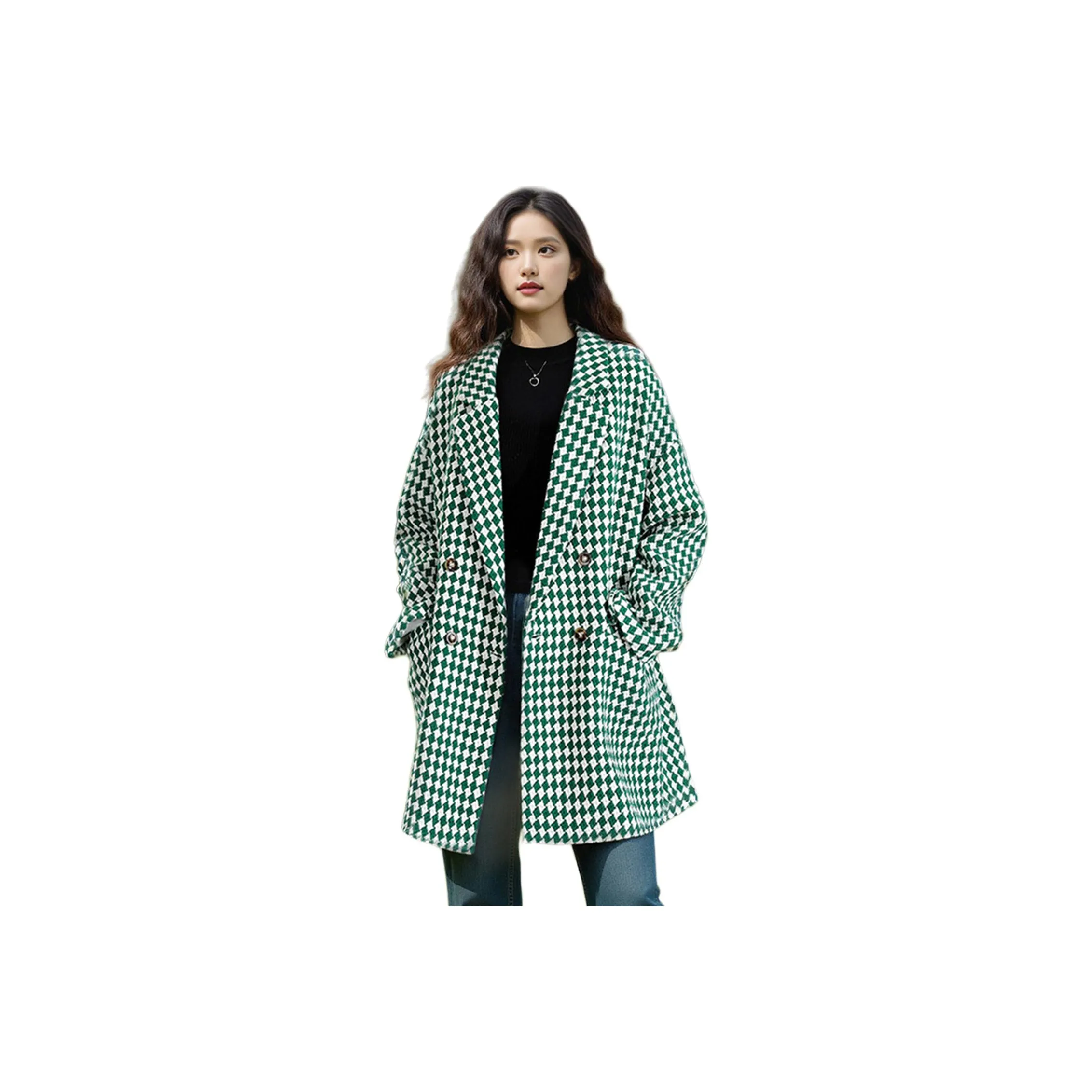 Wbwq Зеленое Клетчатое Женское Пальто