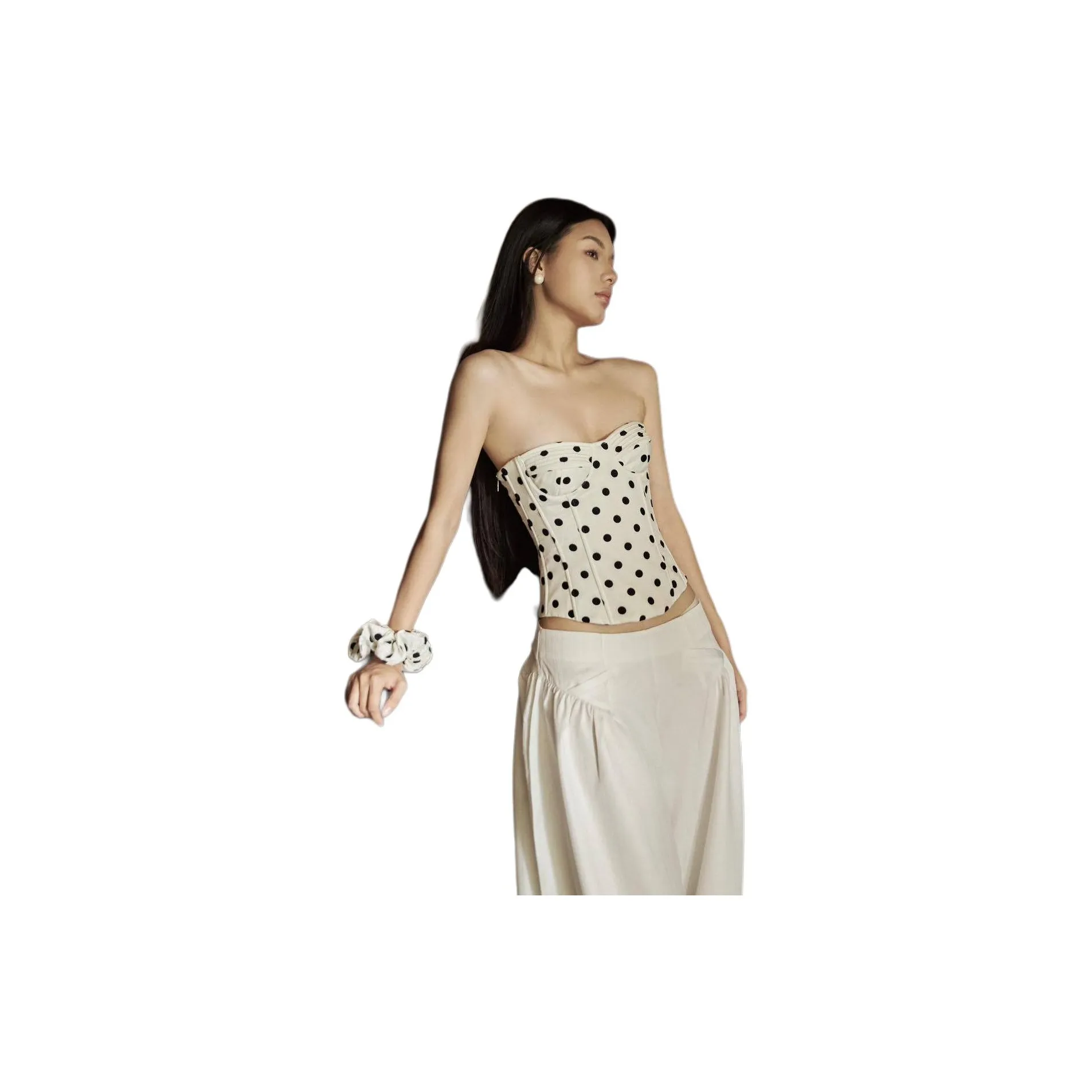 FTTHR Черный Белый Гороховый Узор Женские Топы без Бретелек