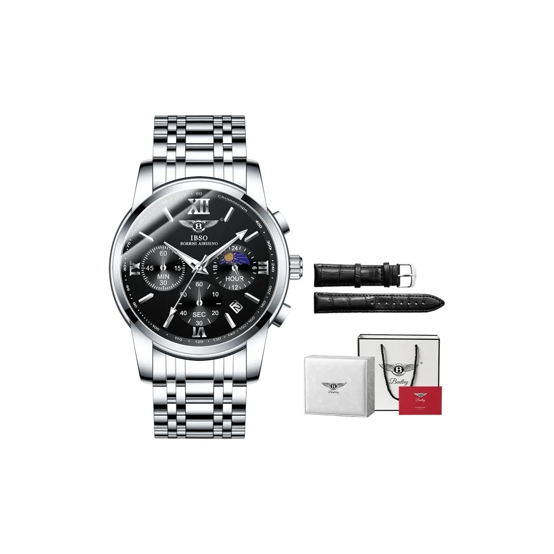 IBSO Bentley Excellence Speed Shift Collection Кварцевый механизм Ремешок из нержавеющей стали Часы Мужские Белый циферблат