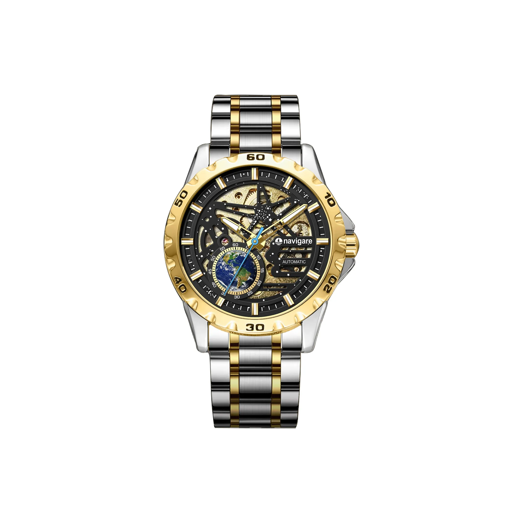 NAVIGARE Механическое механическое часы Стальной ремешок Мужские часы Золотой циферблат