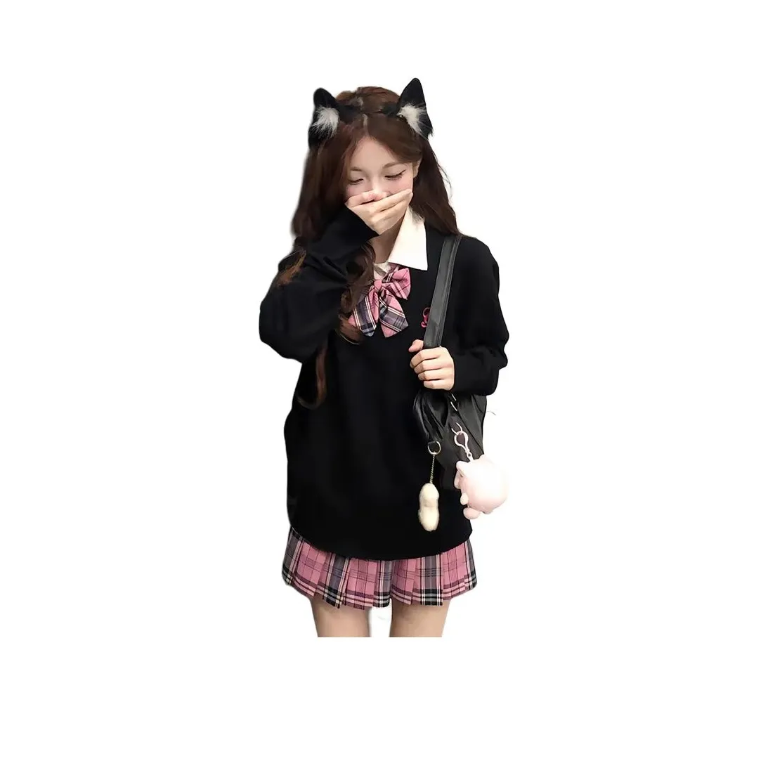 MDEHT Белая рубашка + Галстуки-бабочки + Мини Юбка Hot Girl + Черный свитер Женские Комплекты с юбкой