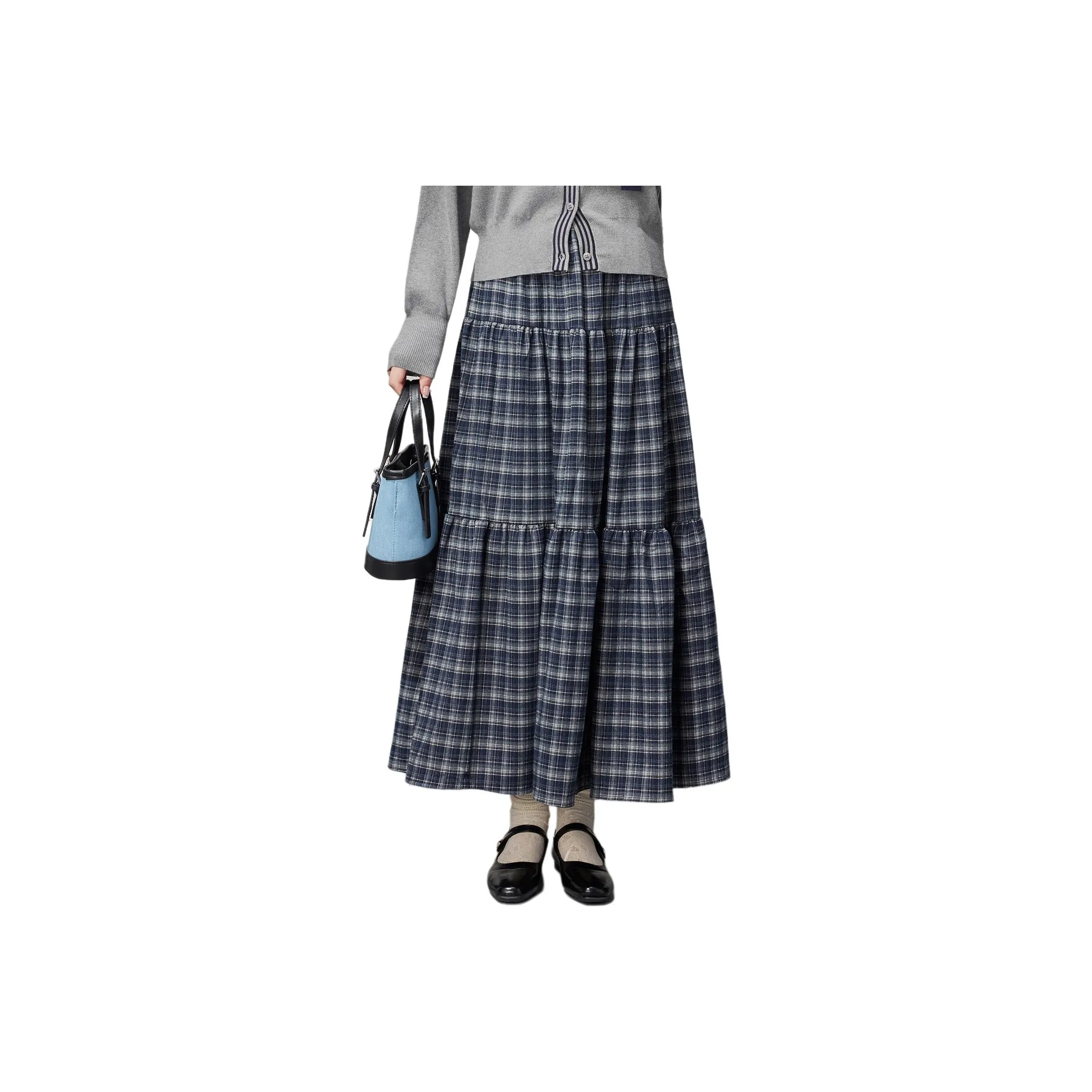 TXGN Blue Plaid Women's Casual Long Skirts TXGN Синие Клетчатые Женские Повседневные Длинные Юбки
