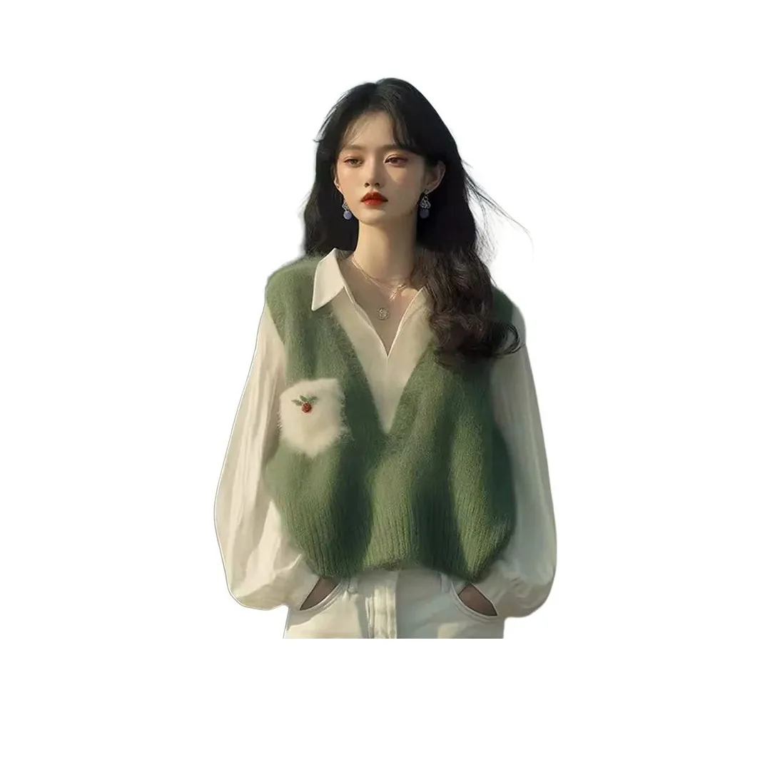 Dippanis Белая Рубашка + Зеленый Жилет Женские Трикотаж