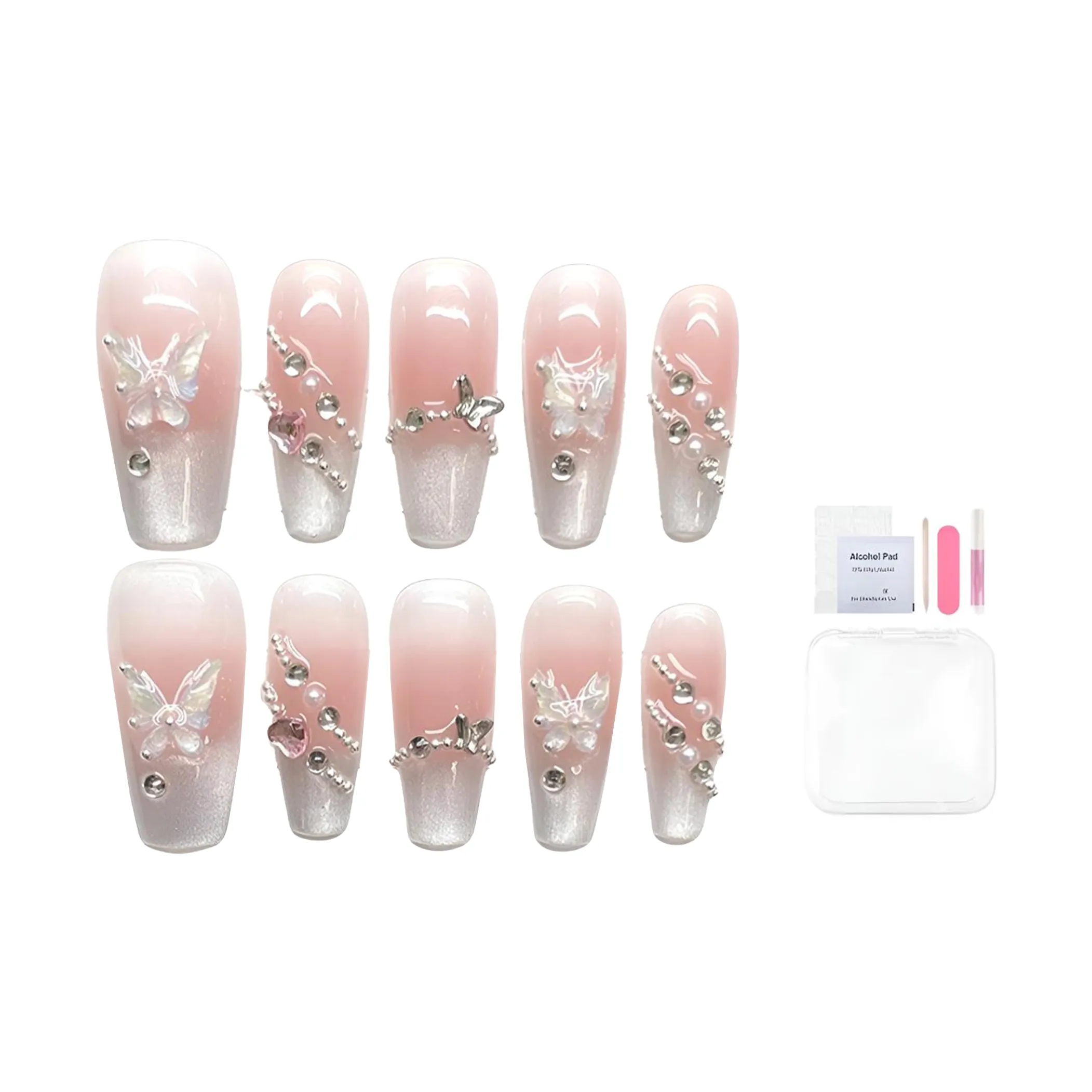 Fanze Ручной Кошачий глаз Ледяной кристалл 3D-эффект Бабочка False Nail Средний LADDER Нежно-розовый Градиентный Coquette 25мм