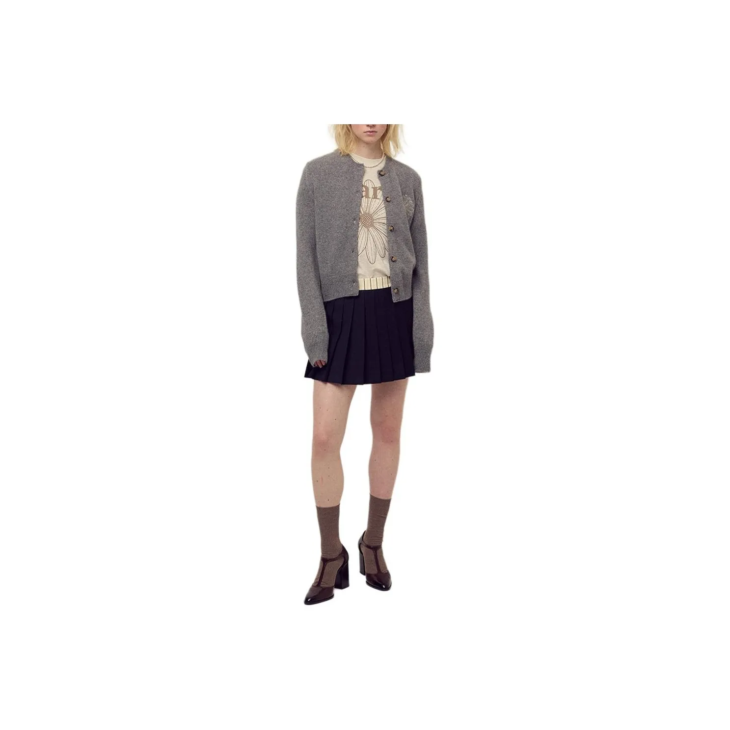 MARDI MERCREDI Fw25 Енот Смешанный Кардиган Round Neck_Серый Крем Свитер Женские