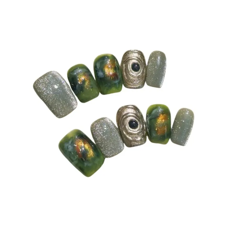 Yun Yue Joe Изумруд Звездное небо Handcrafted False Nail Короткий LADDER Зеленый Jump Цвет Стиль Instagram 15 мм