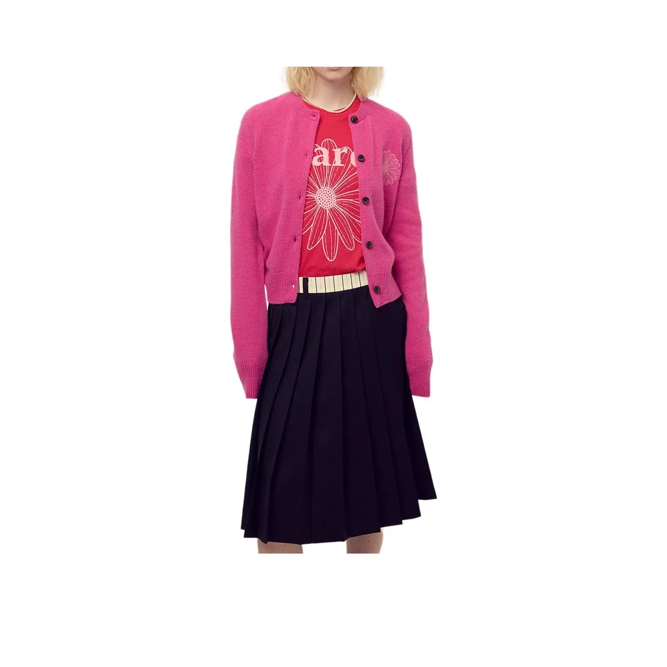 MARDI MERCREDI Fw25 Енот Смешанный Кардиган Round Neck_Фуксия Розовый Свитер Женские