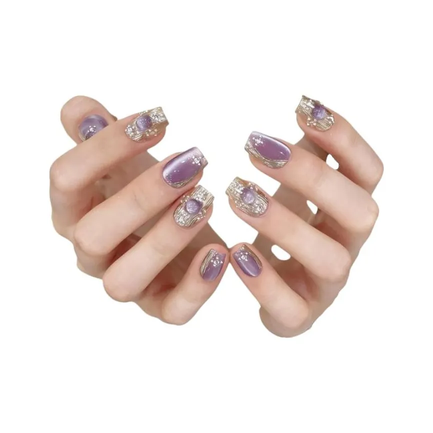 Yun Yue Joe BUCCELLATI Сатин Кошачий глаз False Nail Короткий LADDER Фиолетовый Однотонный Flashing 15mm