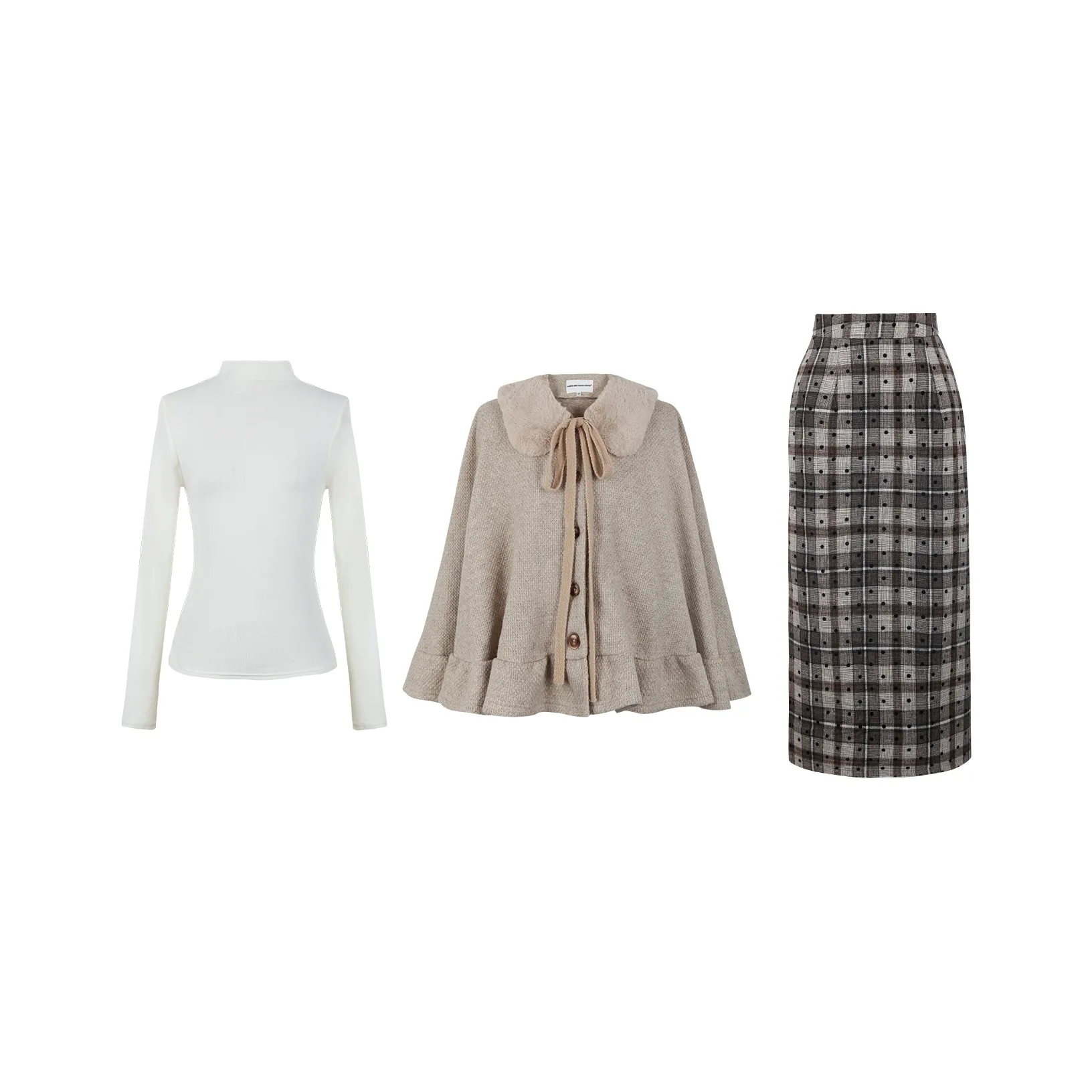 Овсяное пальто + абрикосовый базовый слой + коричневая клетчатая юбка женские комплекты с юбкой