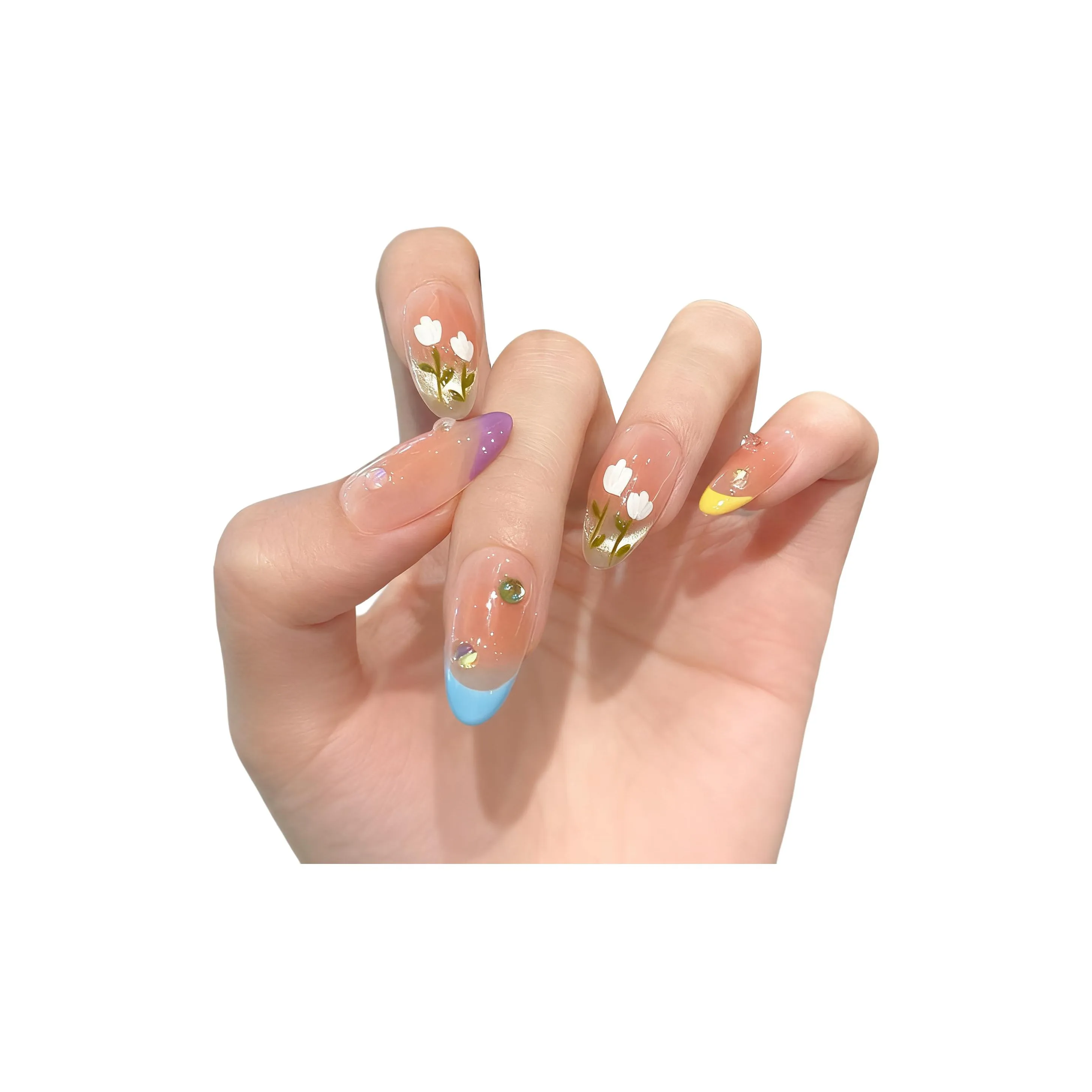 Yun Yue Joe Весенне-летний Ручная работа Масляная живопись Тюльпан False Nail Овал Цвет макарон Телесный Милый
