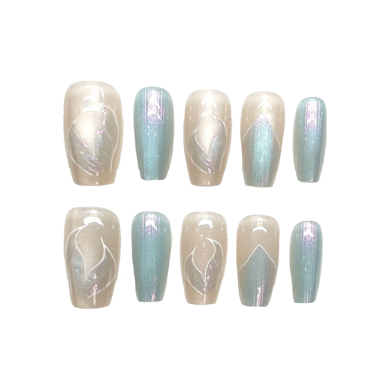 Gentle Welcome Aurora Mermaid False Nail Cropped MID Длина Синий Smudge Coquette